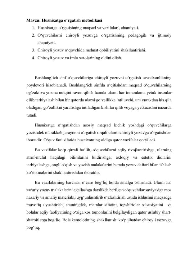 Husnixatga o‘rgatish metodikasi