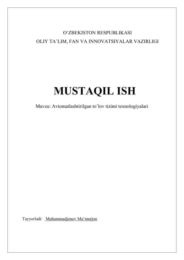 Avtomatlashtirilgan to’lov tizimi texnologiyalari