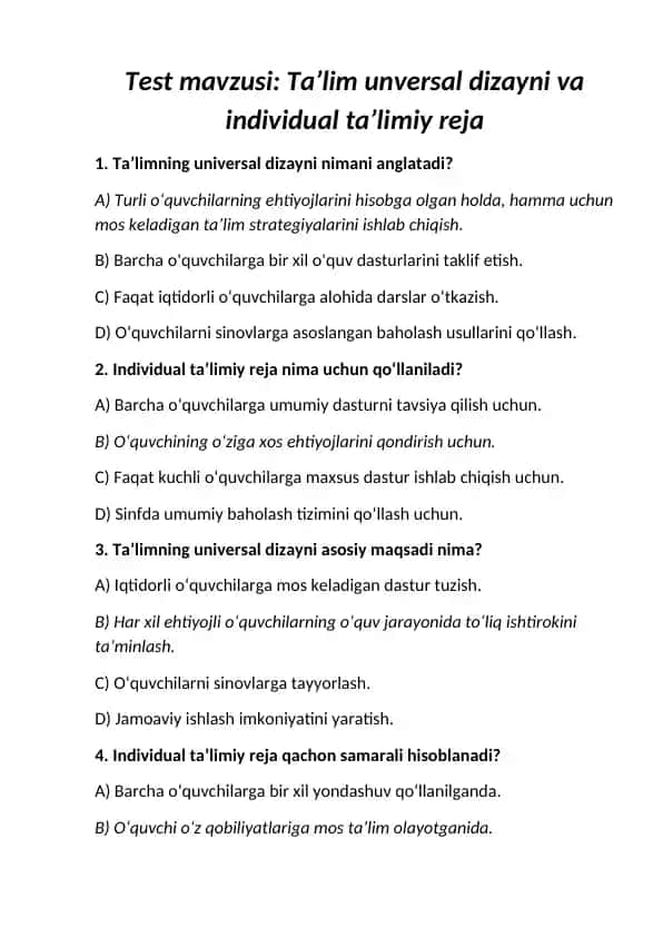 Taʼlim unversal dizayni va individual taʼlimiy reja