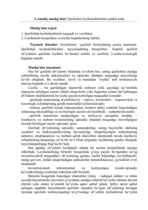 Amaliy mashg’ulot: Qurilishni loyihalashtirishni tashkil etish