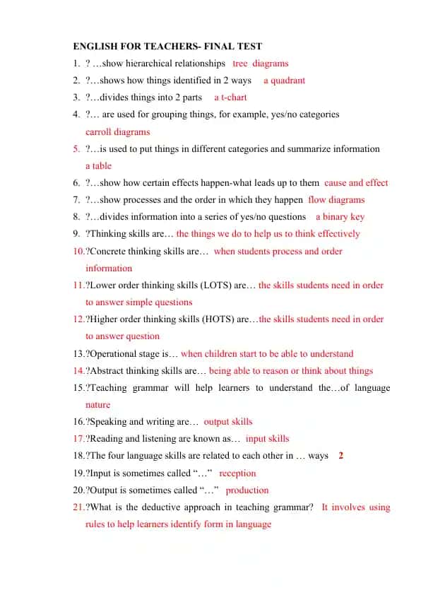 ENGLISH FOR TEACHERS- FINAL TEST