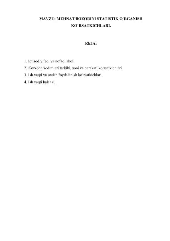 Mehnat bozorini statistik o‘rganish ko‘rsatkichlari