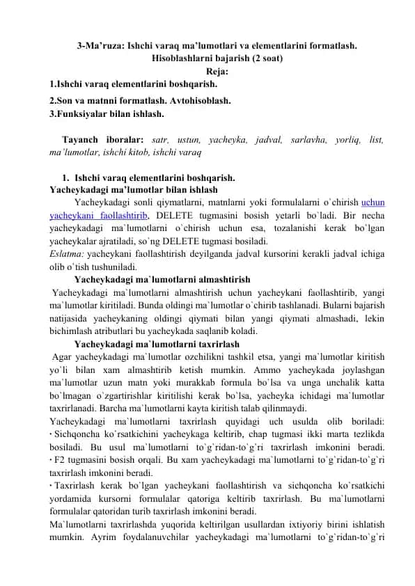 Ishchi varaq elementlarini boshqarish