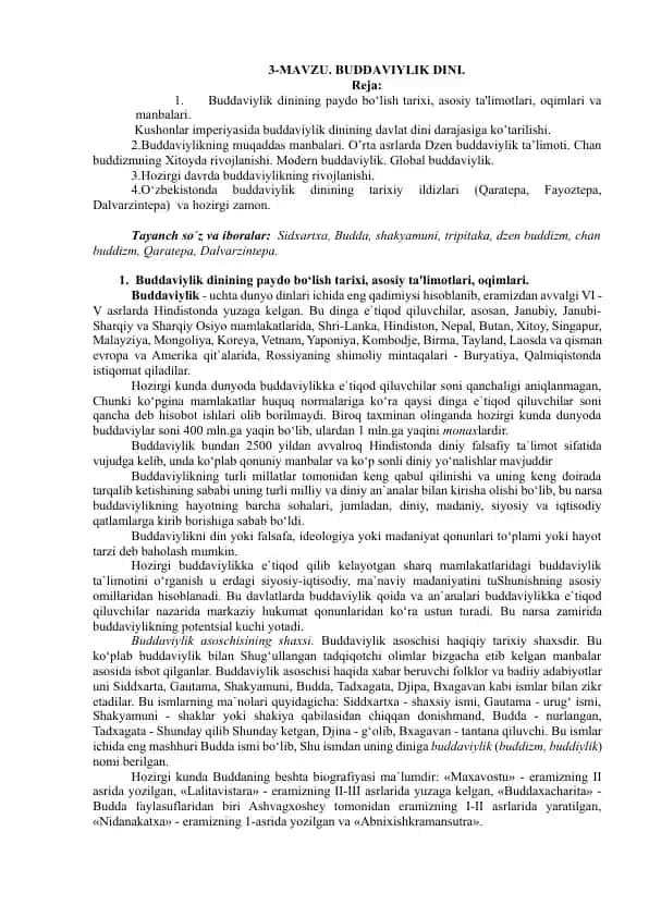 Buddaviylik dinining tarixiy yaratilishi, ta'limoti va rivojlanishi