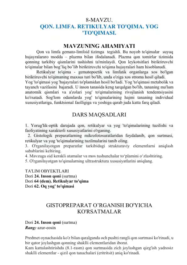 Qon, limfa, retikulyar to'qima, yog 'to'qimasi
