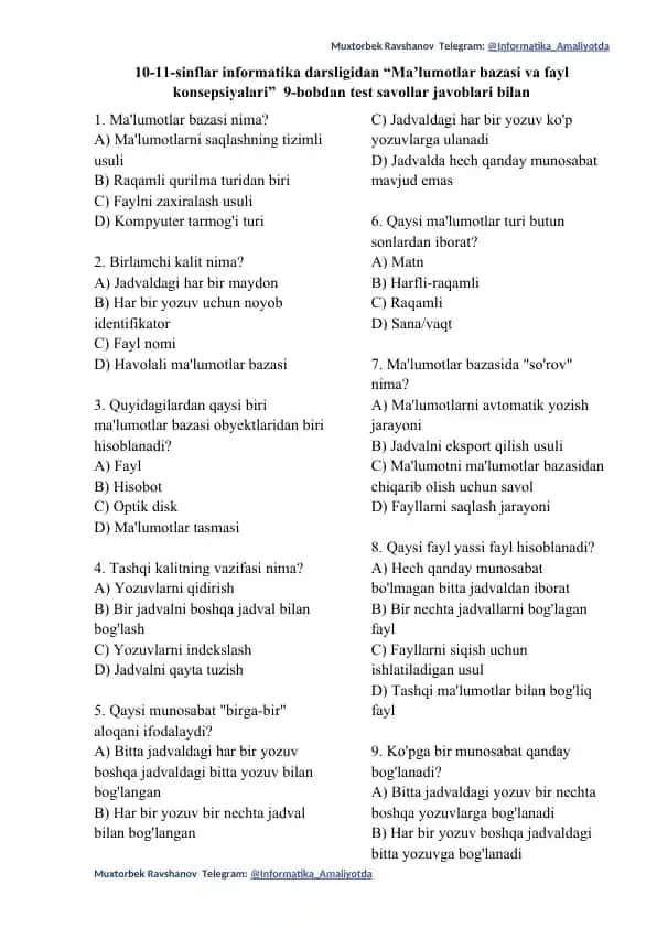 10-11-sinflar informatika darsligidan “Maʼlumotlar bazasi va fayl konsepsiyalari” 9-bobdan test savollar javoblari bilan