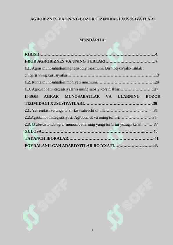 AGROBIZNES VA UNING BOZOR TIZIMIDAGI XUSUSIYATLARI