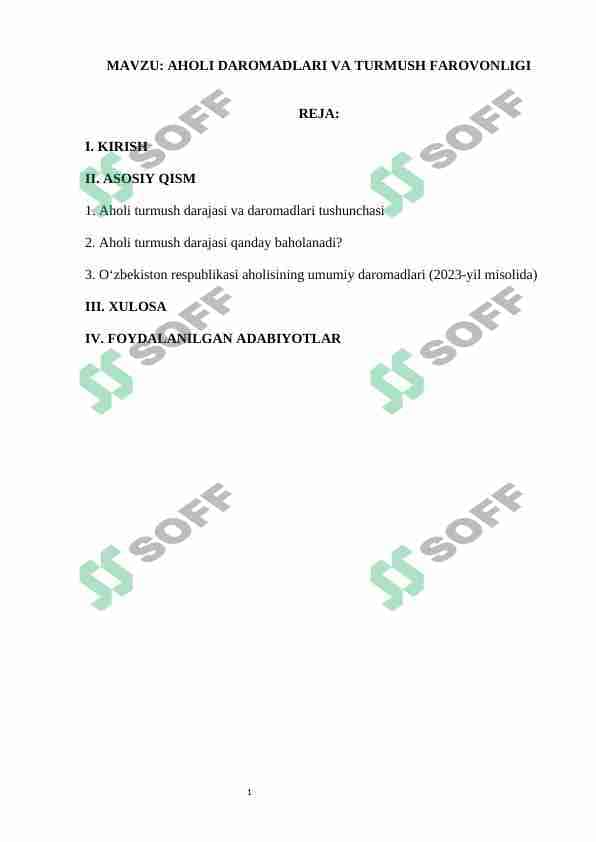 AHOLI DAROMADLARI VA TURMUSH FAROVONLIGI