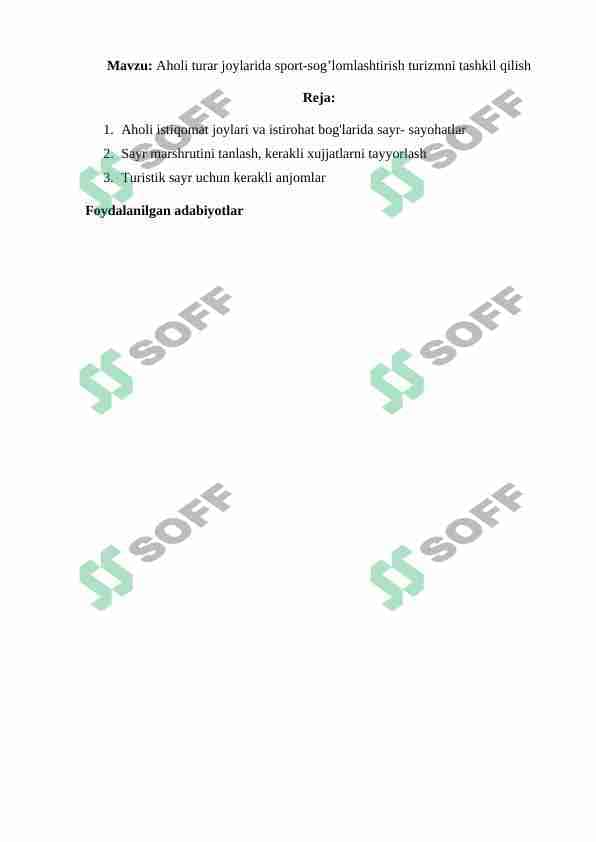Aholi turar joylarida sport-sog’lomlashtirish turizmni tashkil qilish