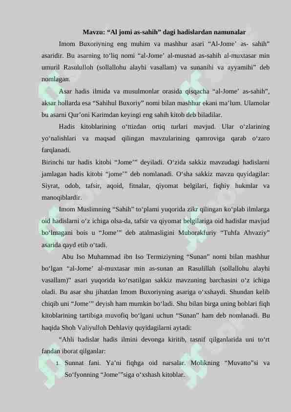 “Al jomi as-sahih” dagi hadislardan namunalar