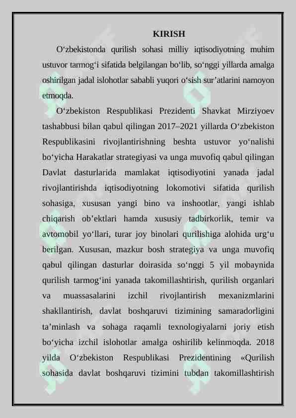 Arxitekturaga oid amaliyot hisoboti kirish qismi namunasi