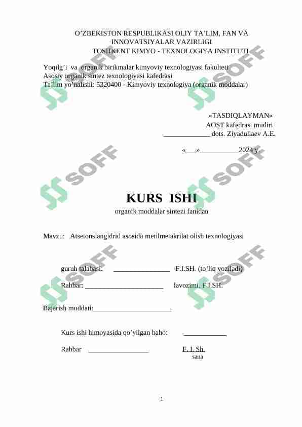 Atsetonsiangidrid asosida metilmetakrilat olish texnologiyasi