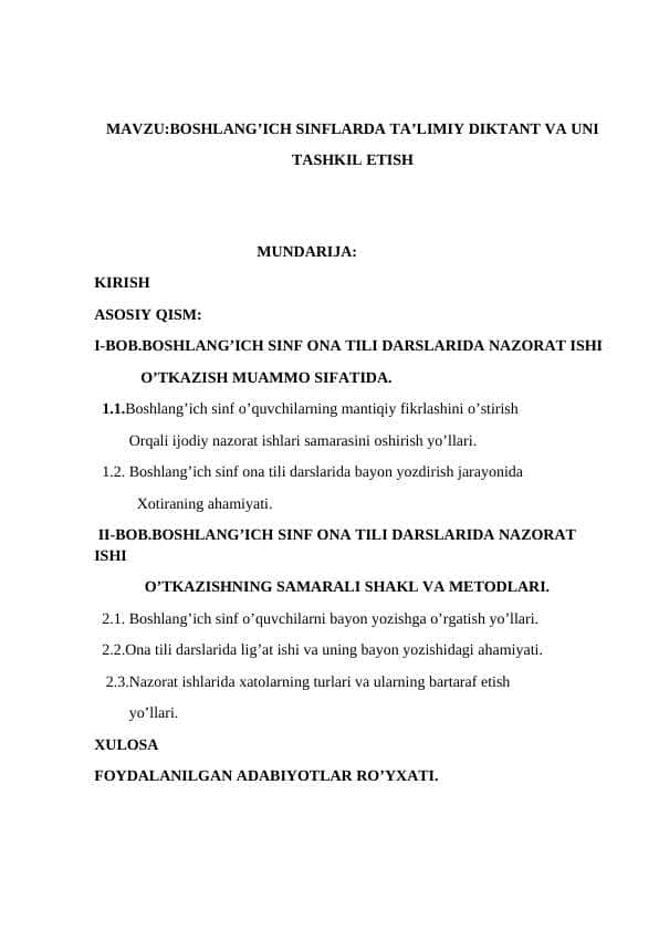Boshlang'ich sinflarda ta'limiy diktant va uni tashkil etish