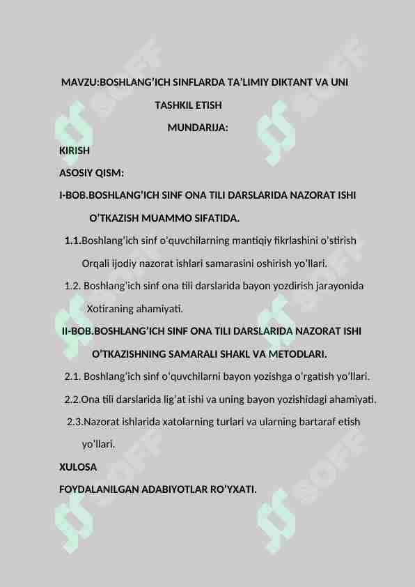 BOSHLANG’ICH SINFLARDA TA’LIMIY DIKTANT VA UNI TASHKIL ETISH