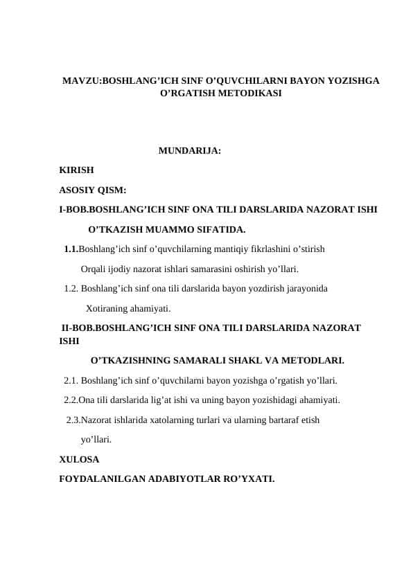 Boshlang'ich sinf o'quvchilarni bayon yozishga o'rgatish metodikasi