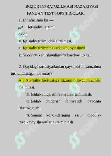 BOZOR INFRATUZILMASI NAZARIYASI FANDAN TEST TOPSHIRIQLARI JAVOBLARI BILAN
