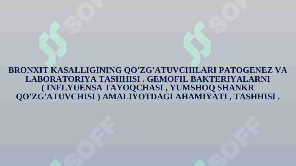 BRONXIT KASALLIGINING QO'ZG'ATUVCHILARI PATOGENEZ VA LABORATORIYA TASHHISI . GEMOFIL BAKTERIYALARNI ( INFLYUENSA TAYOQCHASI , YUMSHOQ SHANKR QO'ZG'ATUVCHISI ) AMALIYOTDAGI AHAMIYATI , TASHHISI .