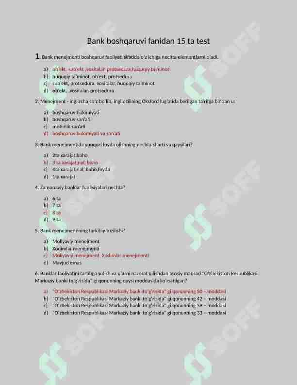 Bank boshqaruvi fanidan TEST