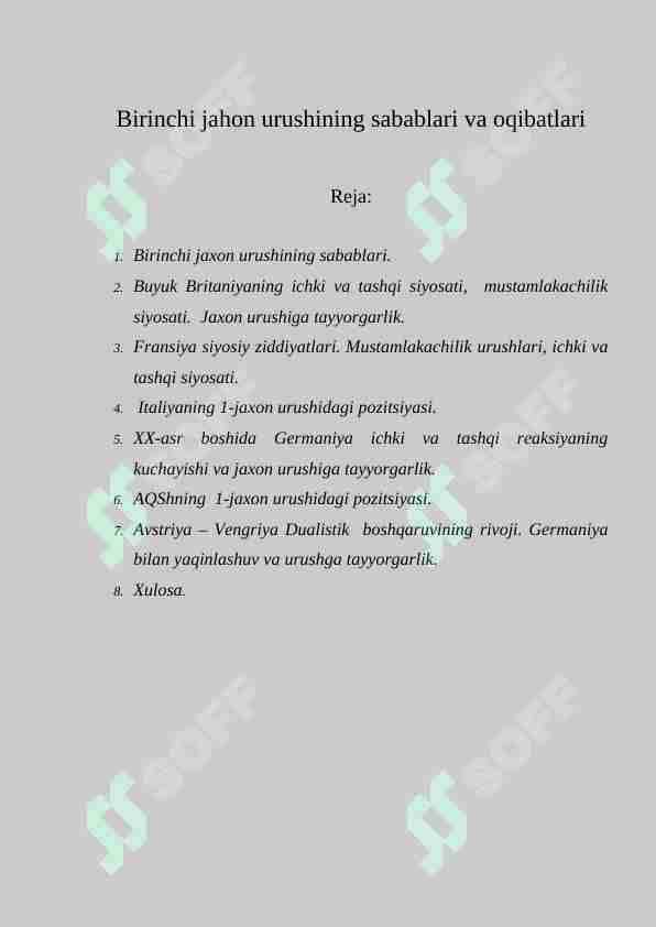 Birinchi jahon urushining sabablari va oqibatlari