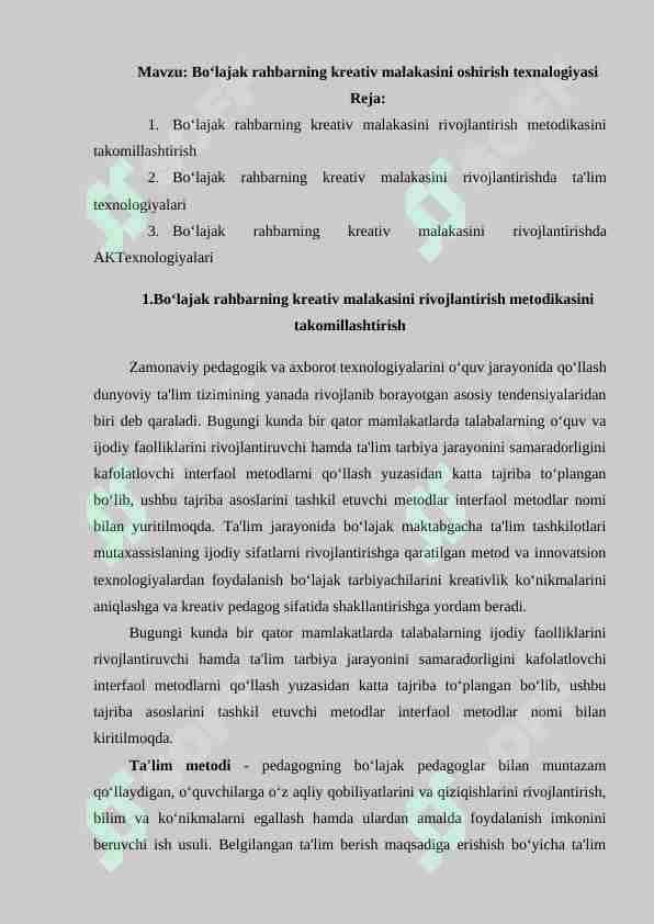 Bo‘lajak rahbarning kreativ malakasini oshirish texnalogiyasi