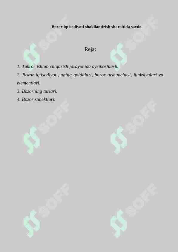 Bozor iqtisodiyoti shakllantirish sharoitida savdo