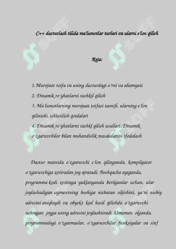 C++ dasturlash tilida ma'lumotlar turlari va ularni e'lon qilish