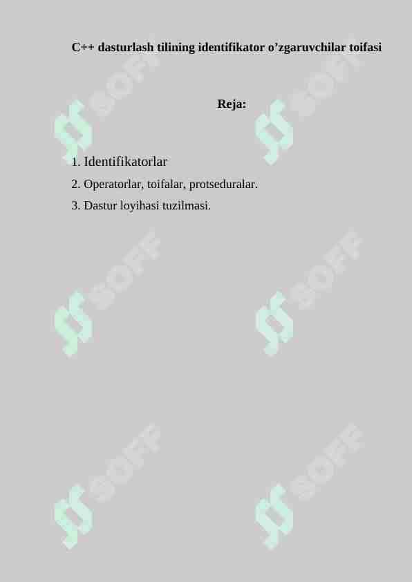 C++ dasturlash tilining identifikator o’zgaruvchilar toifasi