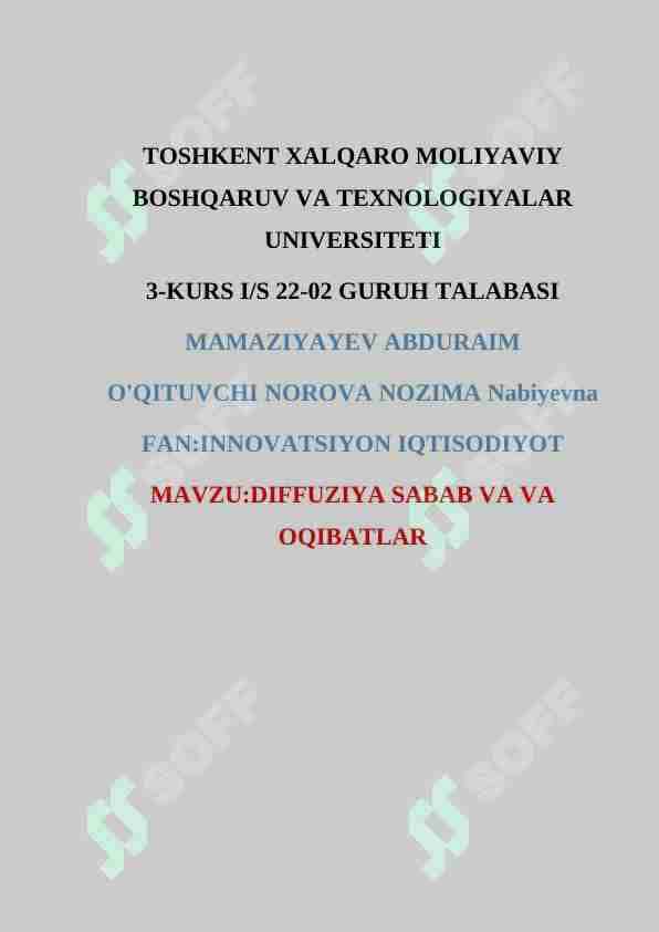 DIFFUZIYA SABAB VA VA OQIBATLAR
