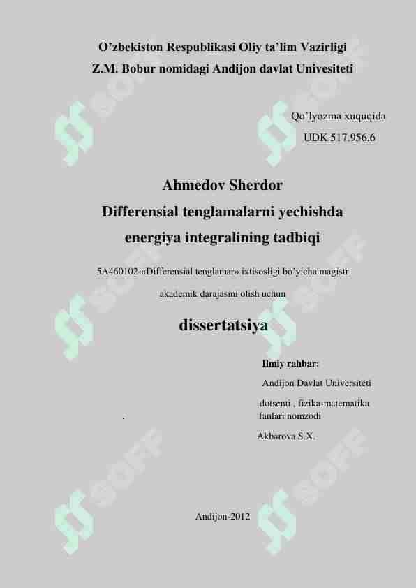Differensial tenglamalarni yechishda energiya integralining tadbiqi