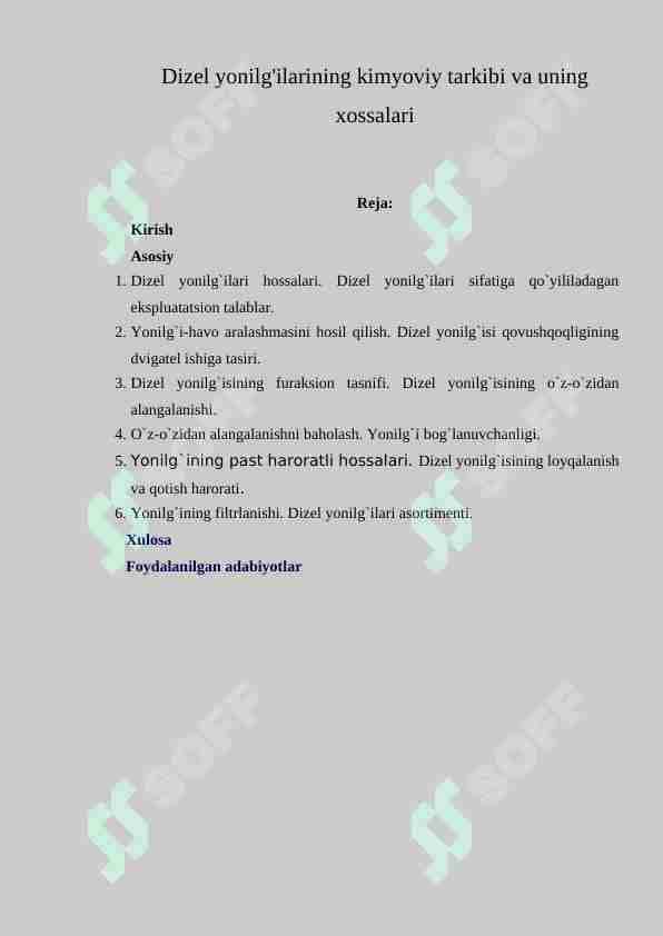 Dizel yonilg'ilarining kimyoviy tarkibi va uning xossalari