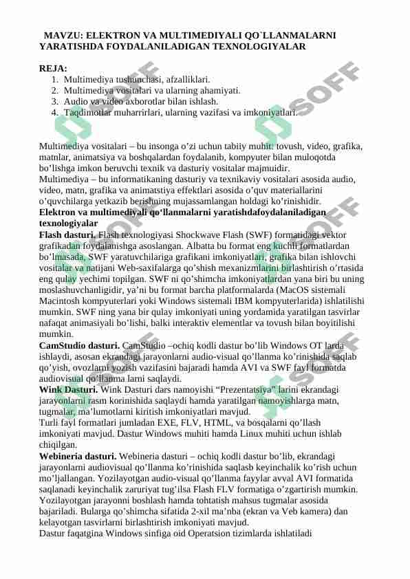 ELEKTRON VA MULTIMEDIYALI QO`LLANMALARNI YARATISHDA FOYDALANILADIGAN TEXNOLOGIYALAR