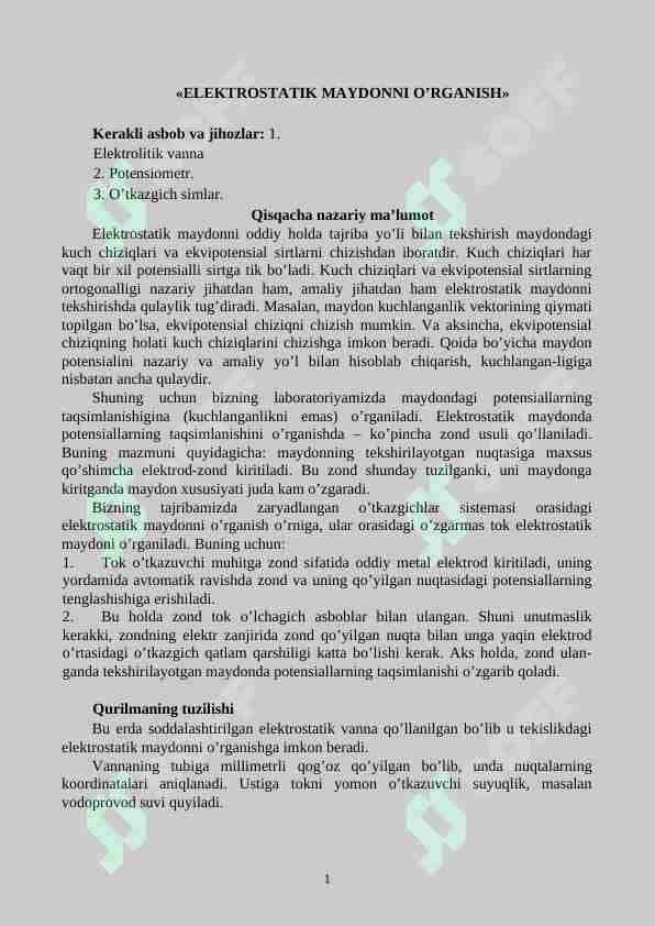 ELEKTROSTATIK MAYDONNI O’RGANISH laboratoriya ishi