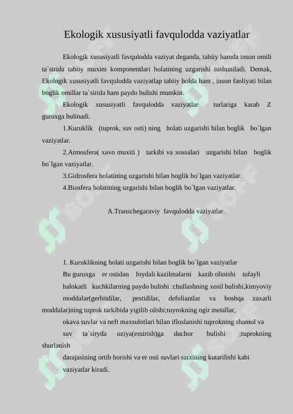 Ekologik xususiyatli favqulodda vaziyatlar