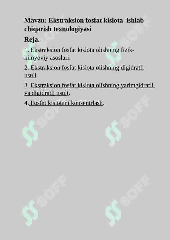Ekstraksion fosfat kislota ishlab chiqarish texnologiyasi