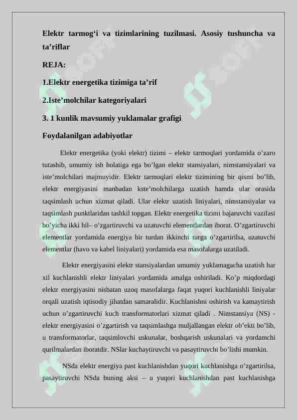 Elektr tarmog'i va tizimlarining tuzilmasi