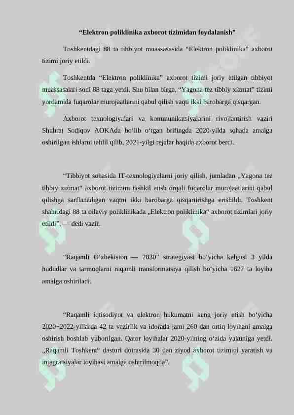 “Elektron poliklinika axborot tizimidan foydalanish”