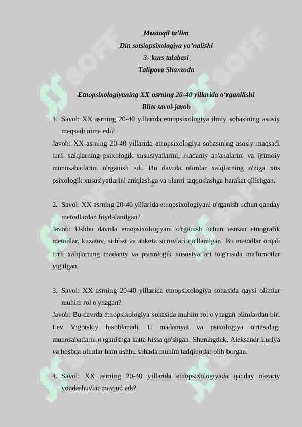 Etnopsixologiyaning XX asrning 20-40 yillarida oʻrganilishi