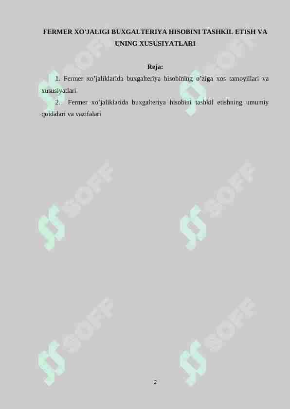 FERMER XO'JALIGI BUXGALTERIYA HISOBINI TASHKIL ETISH VA UNING XUSUSIYATLARI