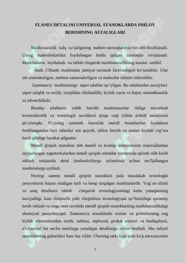 FLANES DETALINI UNIVERSAL STANOKLARDA ISHLOV BERISHNING AFZALIGLARI