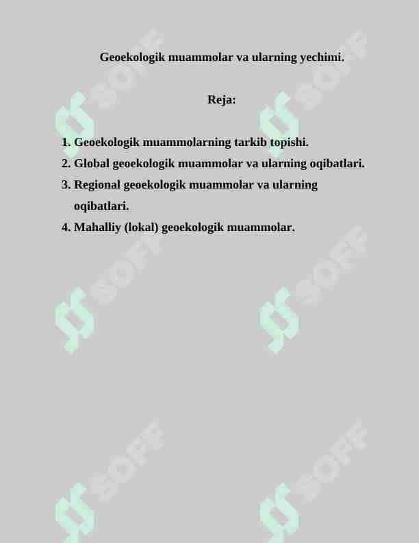 Geoekologik muammolar va ularning yechimi