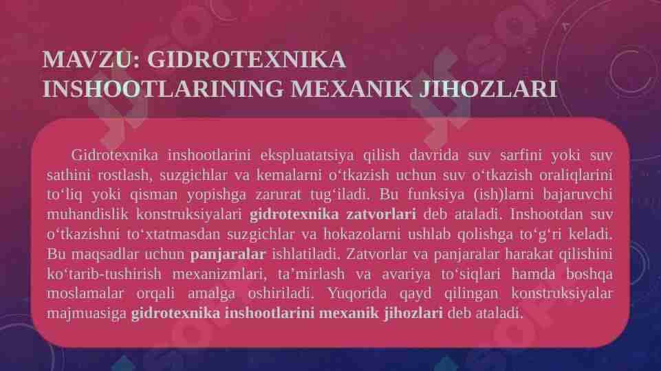 Gidrotexnika inshootlarining mexanik jihozlari