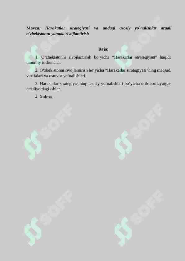 Harakatlar strategiyasi va undagi asosiy yo`nalishlar orqali o`zbekistonni yanada rivojlantirish