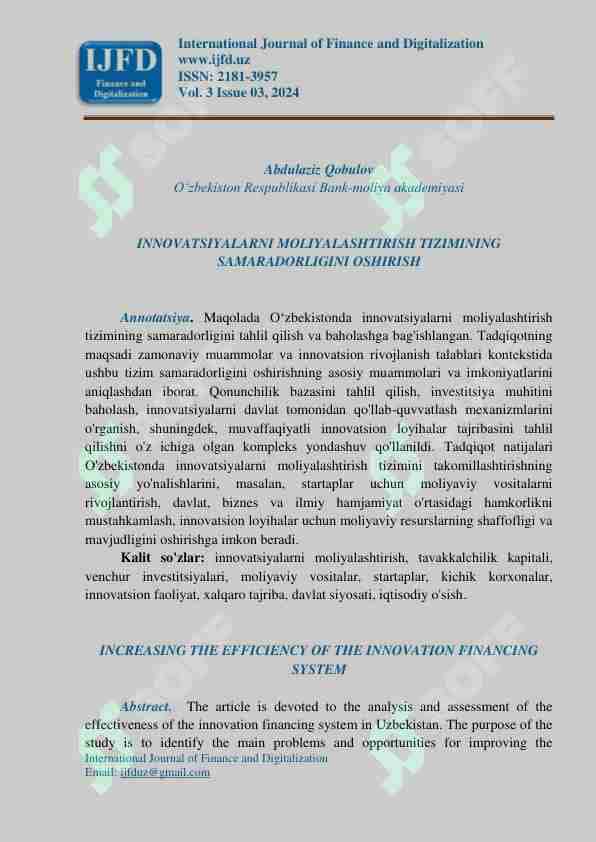 INNOVATSIYALARNI MOLIYALASHTIRISH TIZIMINING SAMARADORLIGINI OSHIRISH