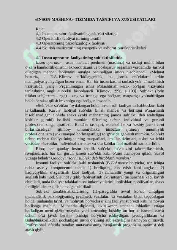 «INSON-MASHINA» TIZIMIDA TASNIFI VA XUSUSIYATLARI