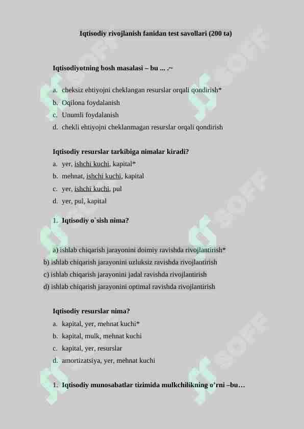 Iqtisodiy rivojlanish fanidan test savollari (200 ta), javoblari bilan