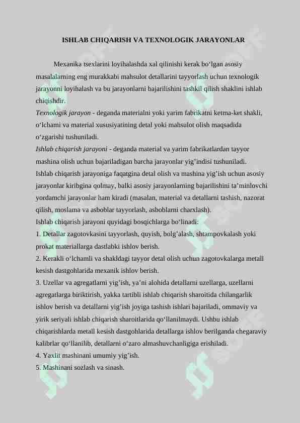 ISHLAB CHIQARISH VA TEXNОLОGIK JARAYONLAR