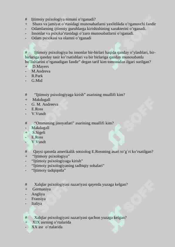 Ijtomoiy psixologiyadan 100 talik test, javoblari bilan