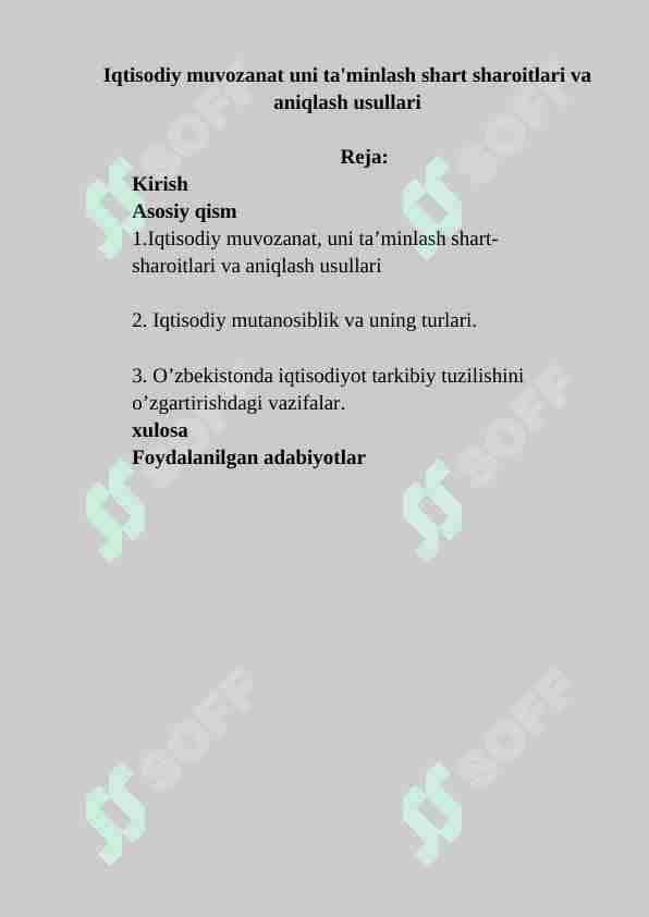 Iqtisodiy muvozanat uni ta'minlash shart sharoitlari
