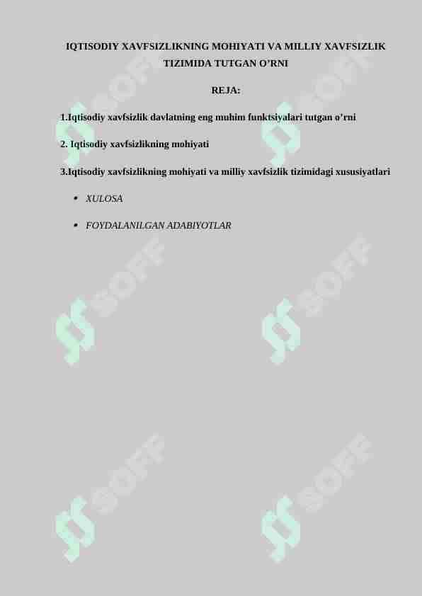 IQTISODIY XAVFSIZLIKNING MOHIYATI VA MILLIY XAVFSIZLIK TIZIMIDA TUTGAN O’RNI