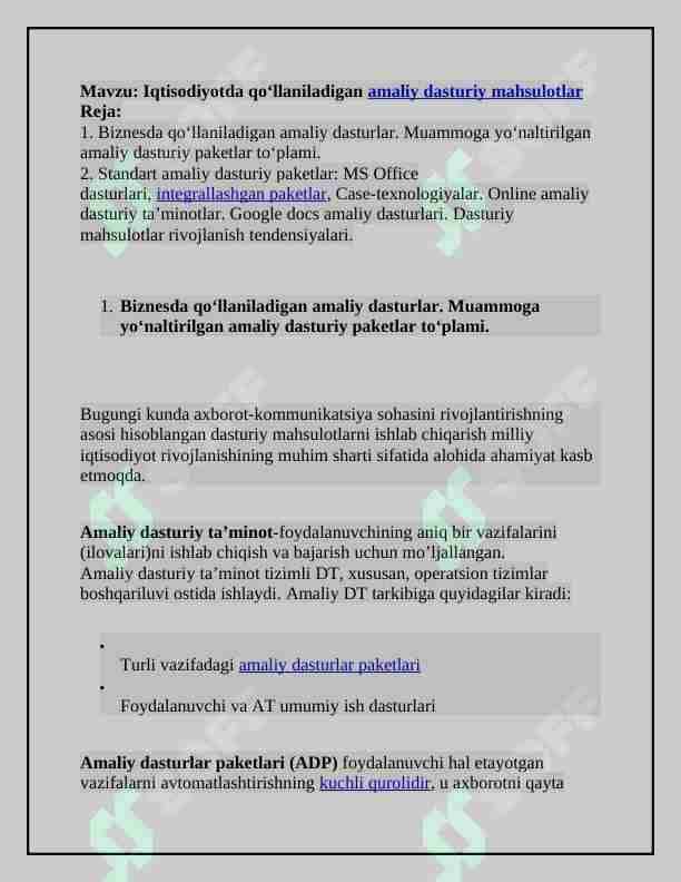 Iqtisodiyotda qo‘llaniladigan amaliy dasturiy mahsulotlar